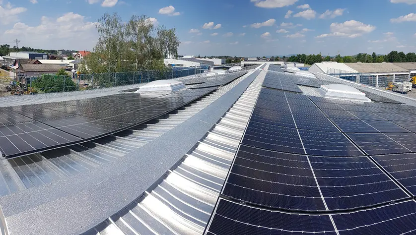 Close up shot of the roof solar panels at AESSEAL Kronau.