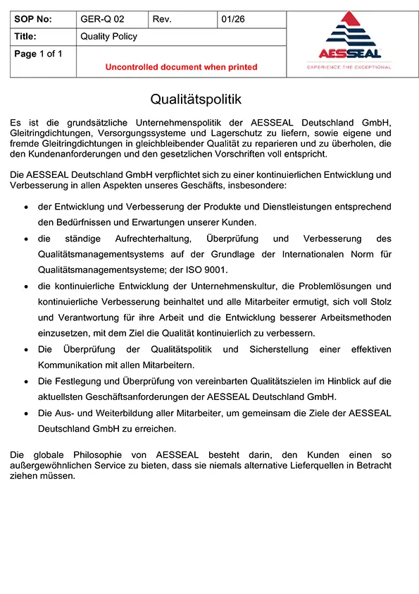 AESSEAL Deutschland GmbH Qualitätspolitik