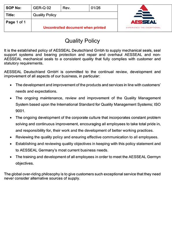 AESSEAL Deutschland GmbH Quality Policy